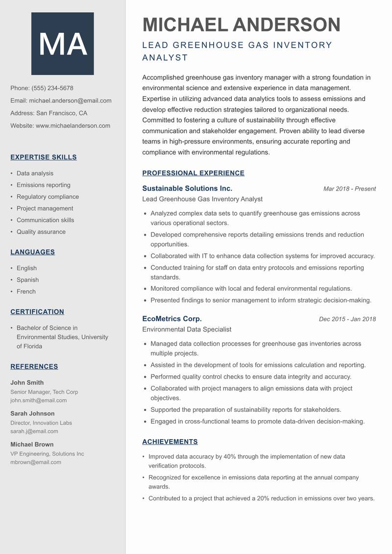 Greenhouse Gas Inventory Manager resume template — Creative Minimal