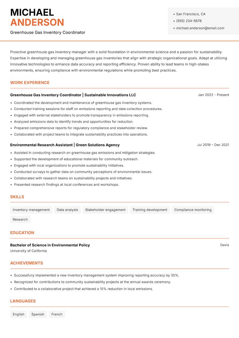 Greenhouse Gas Inventory Manager resume template — Modern Professional