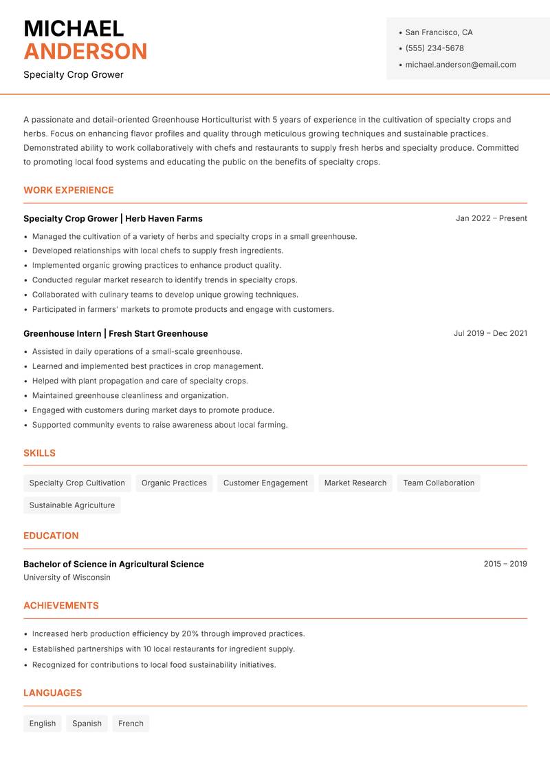 Greenhouse Horticulturist resume template — Modern Professional