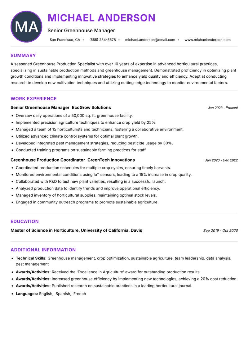 Greenhouse Production Specialist resume example — ATS-friendly template