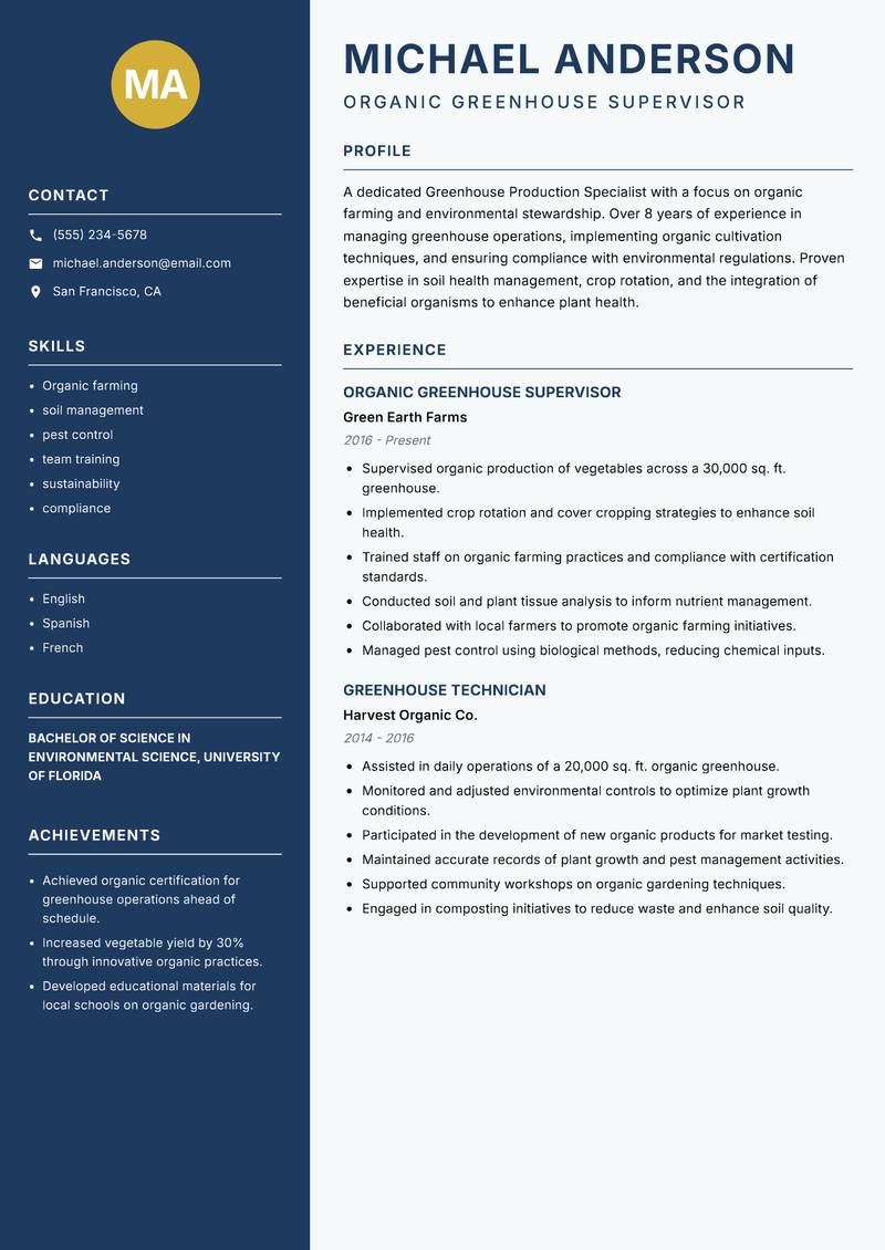 Greenhouse Production Specialist resume template — Classic Clean