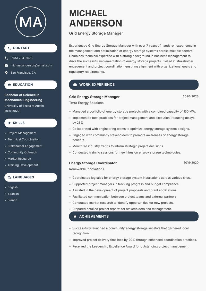 Grid Energy Storage Manager resume template — Compact