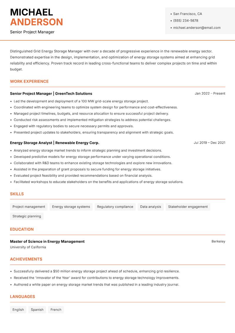 Grid Energy Storage Manager resume template — Modern Professional