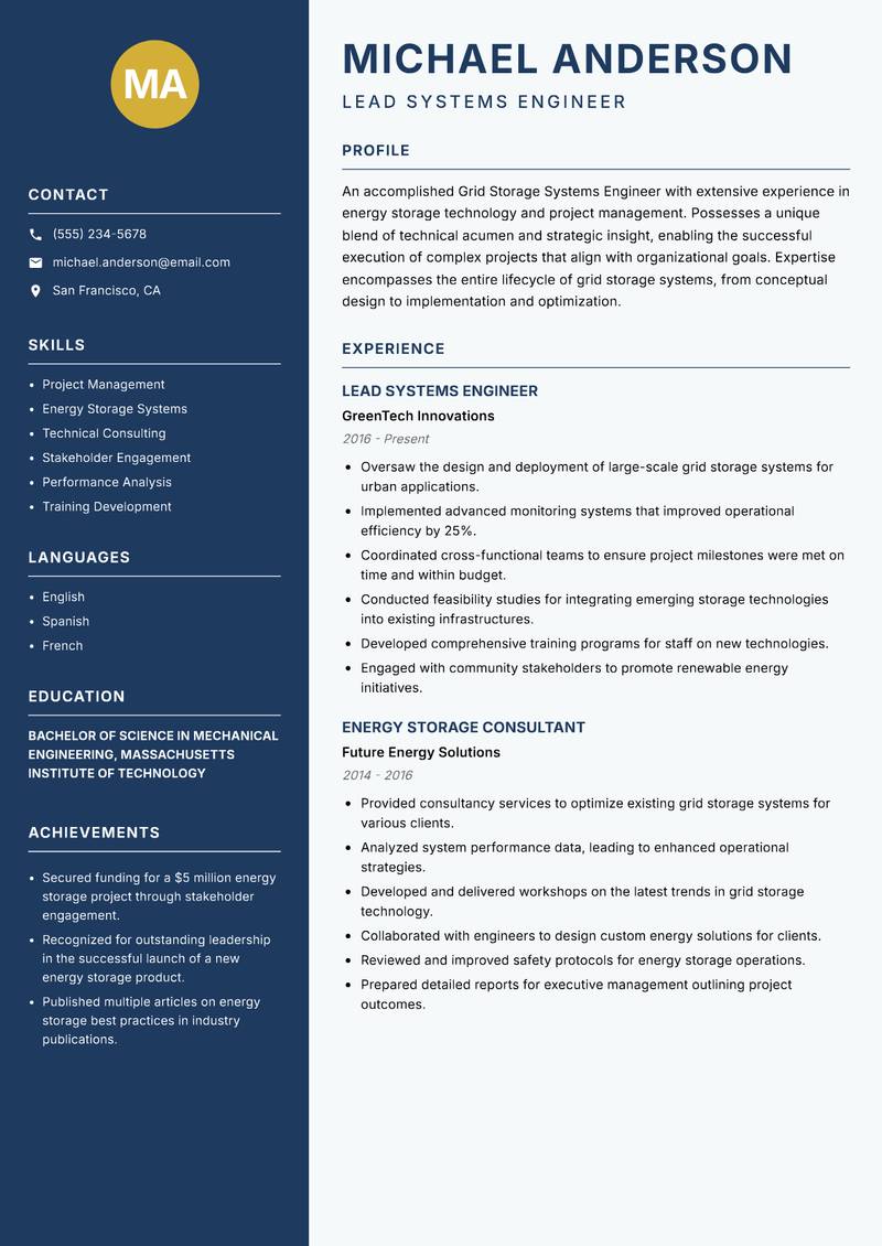 Grid Storage Systems Engineer resume template — Classic Clean