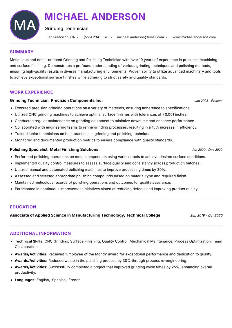 Grinding and Polishing Technician resume example — ATS-friendly template