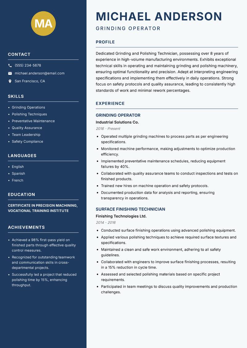 Grinding and Polishing Technician resume template — Classic Clean
