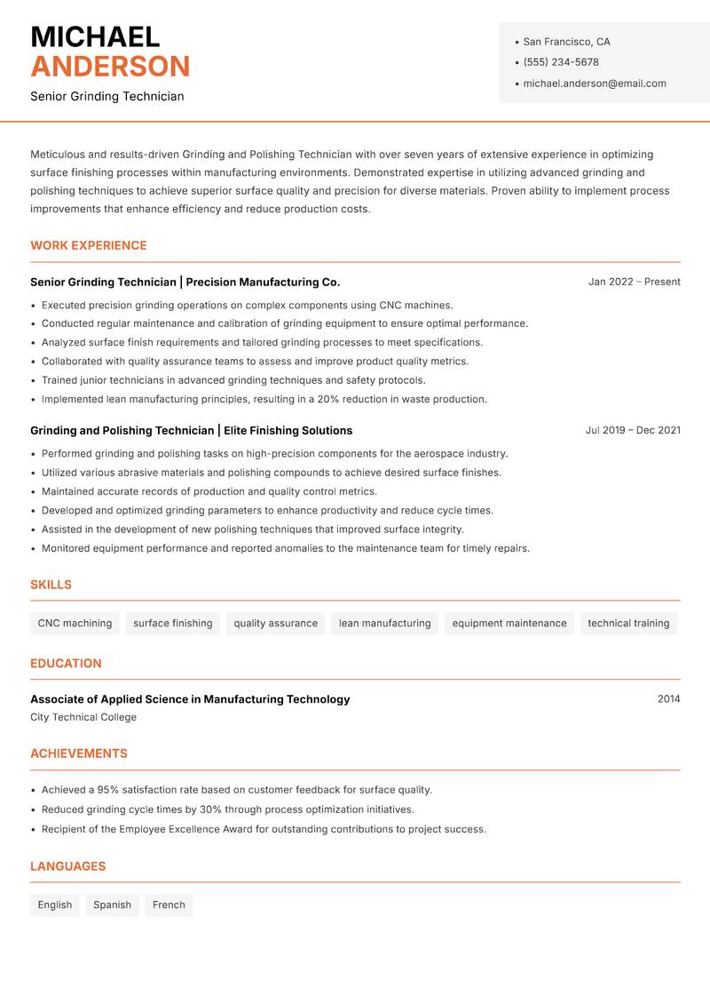 Grinding and Polishing Technician resume template — Modern Professional