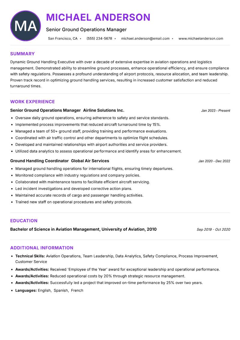 Ground Handling Executive resume example — ATS-friendly template