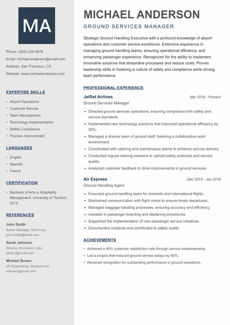 Ground Handling Executive resume template — Creative Minimal