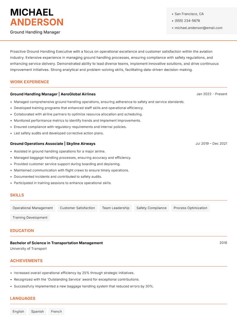 Ground Handling Executive resume template — Modern Professional