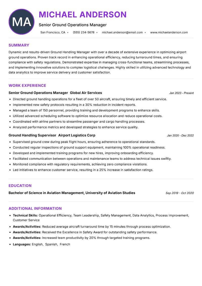 Ground Handling Manager resume example — ATS-friendly template
