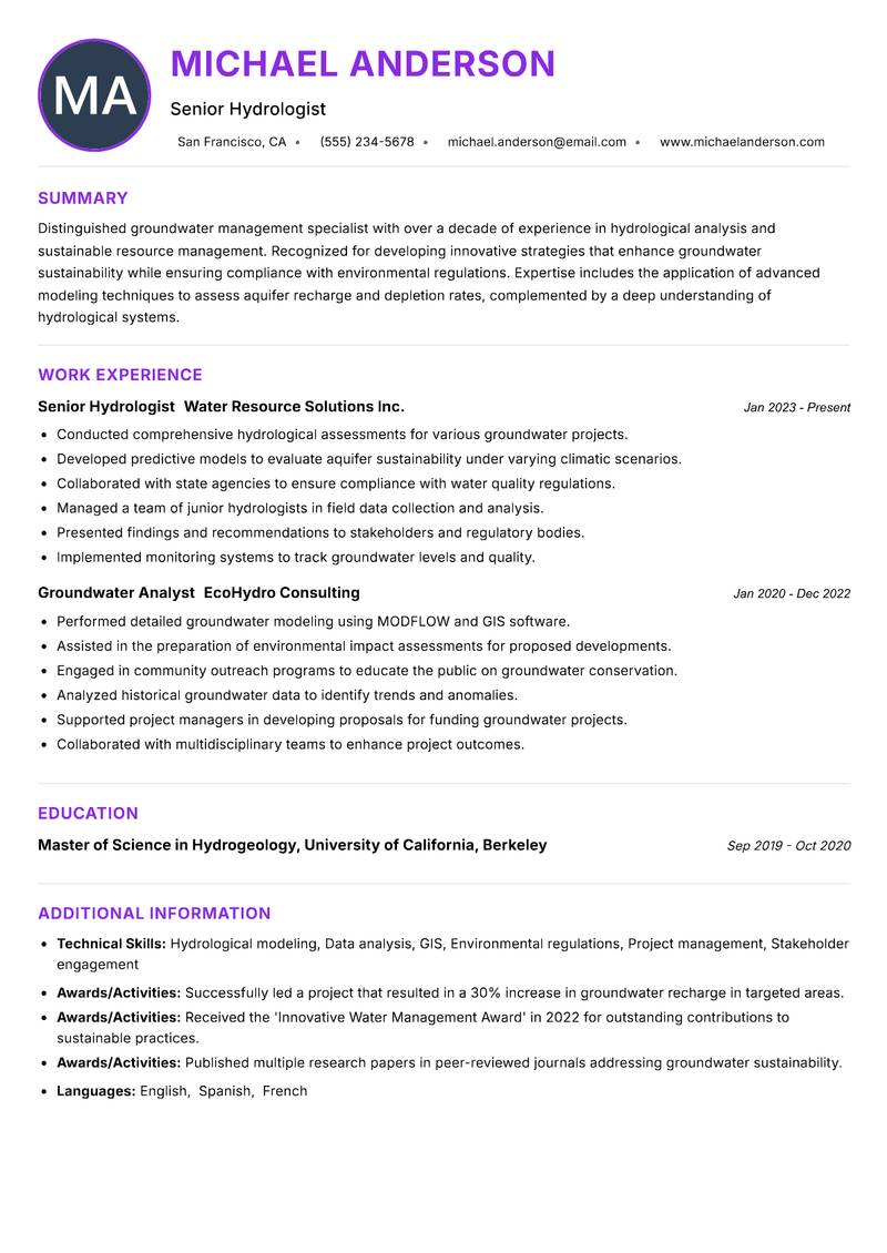 Groundwater Management Specialist resume example — ATS-friendly template