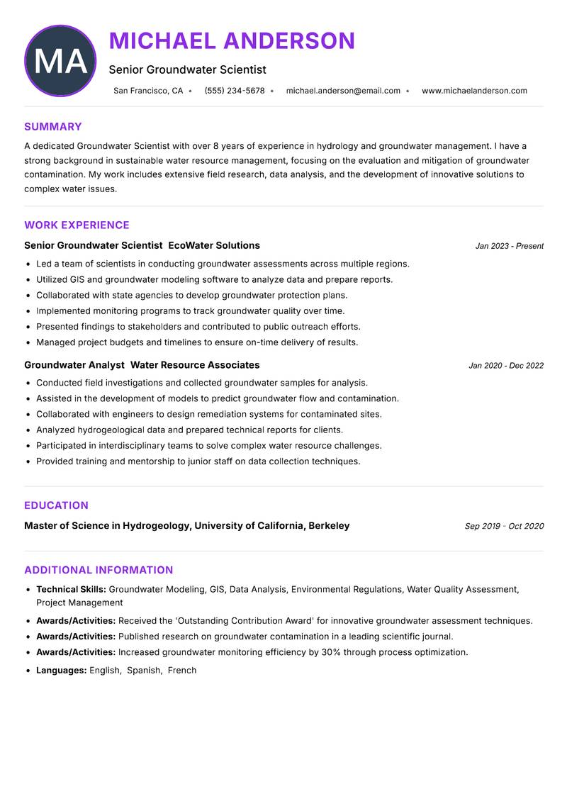 Groundwater Scientist resume example — ATS-friendly template