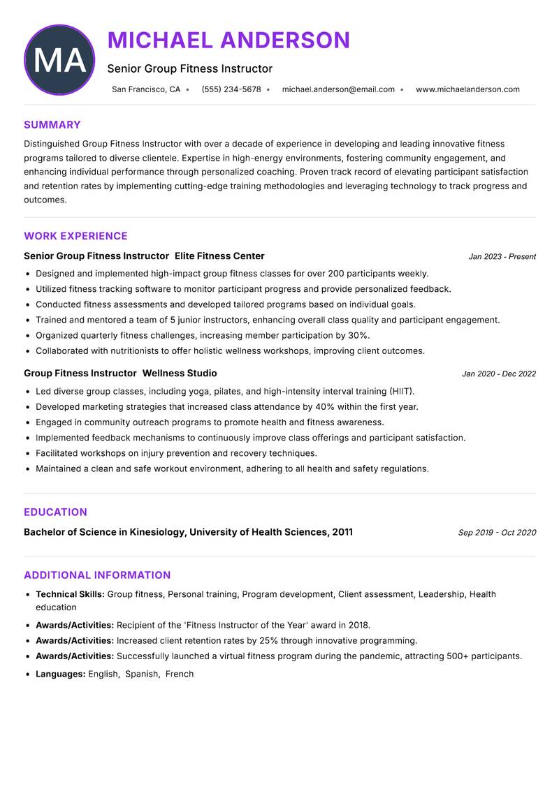 Group Fitness Instructor resume example — ATS-friendly template