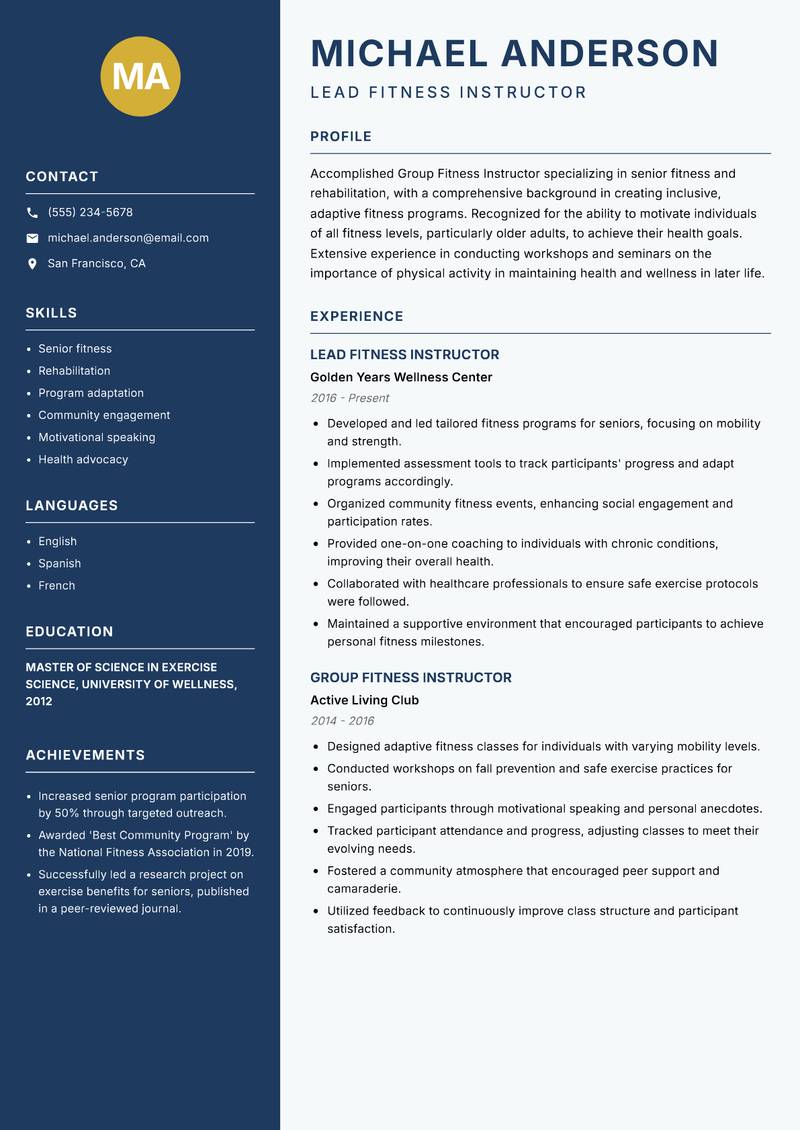 Group Fitness Instructor resume template — Classic Clean