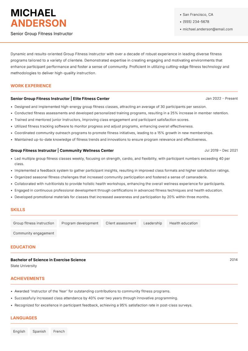 Group Fitness Instructor resume template — Modern Professional