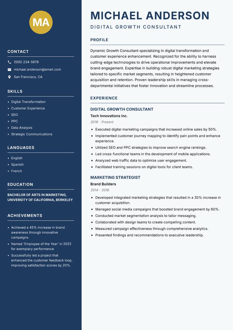 Growth Consultant resume template — Classic Clean