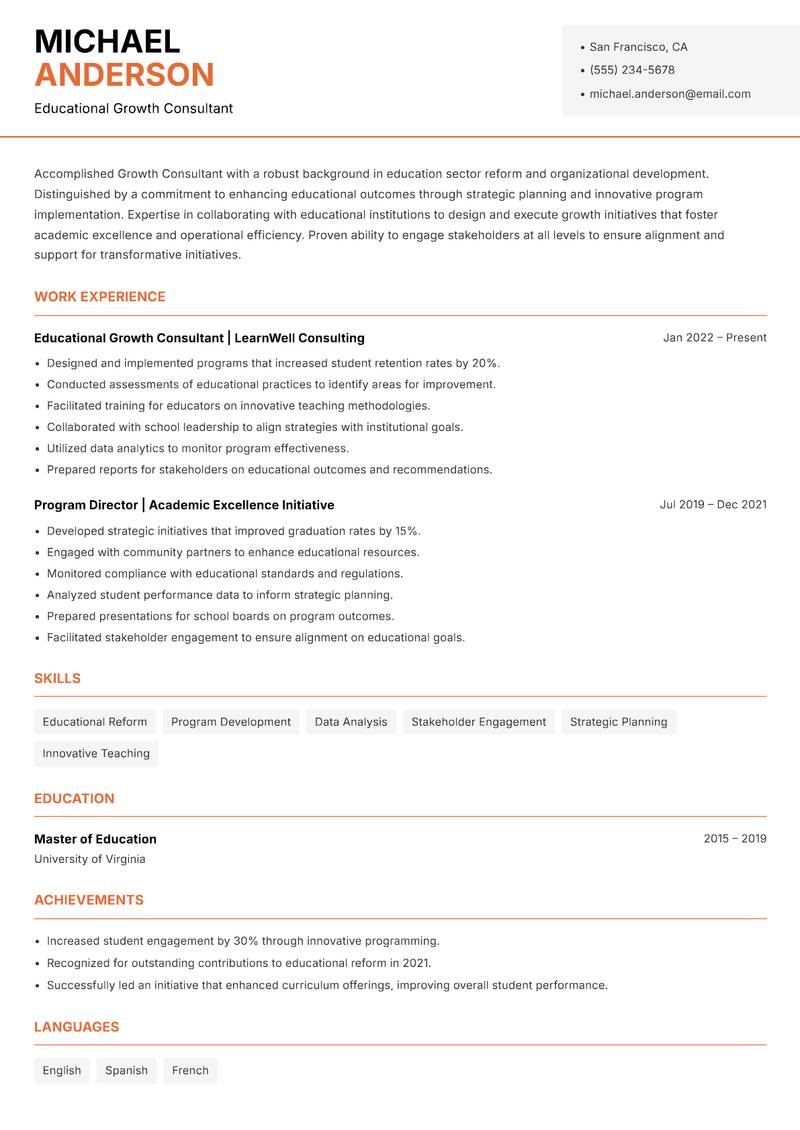 Growth Consultant resume template — Modern Professional
