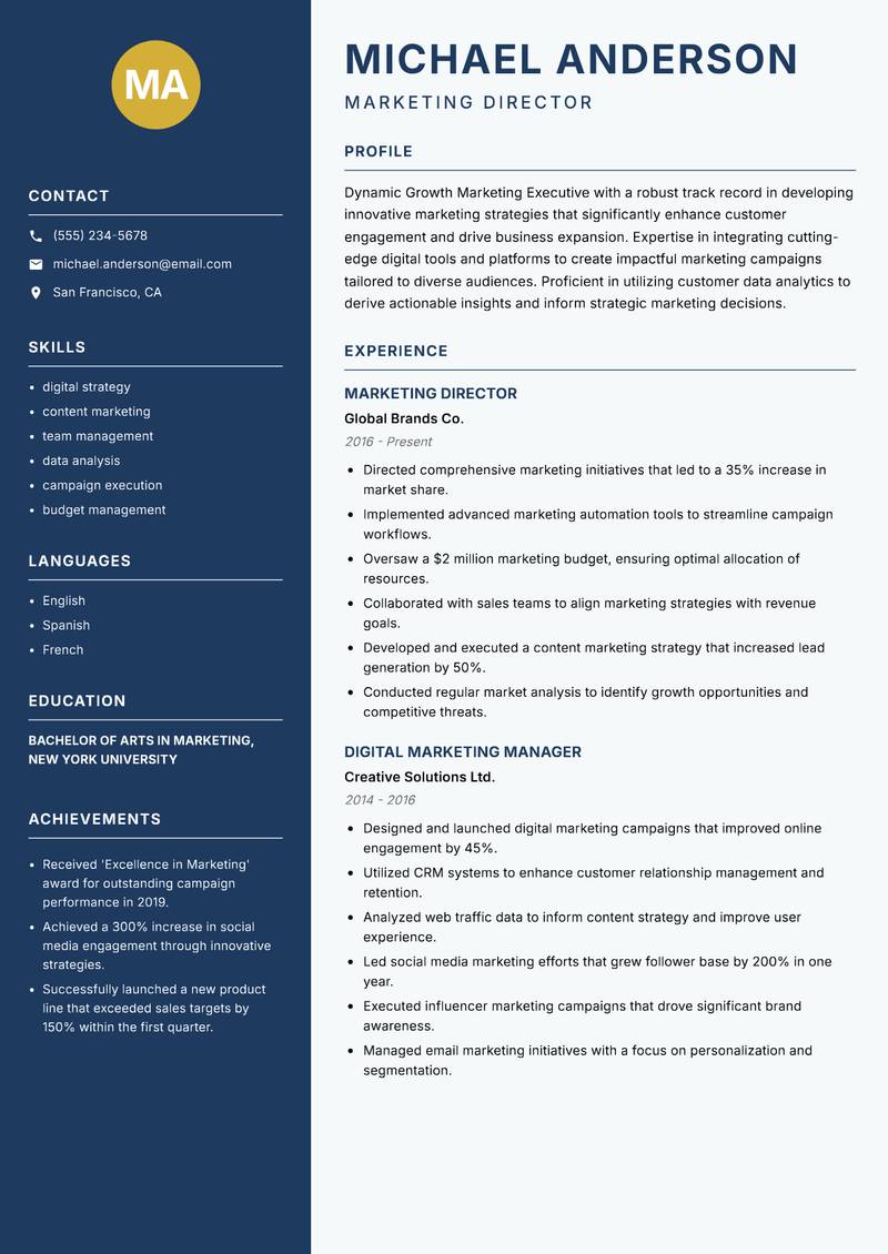 Growth Marketing Executive resume template — Classic Clean