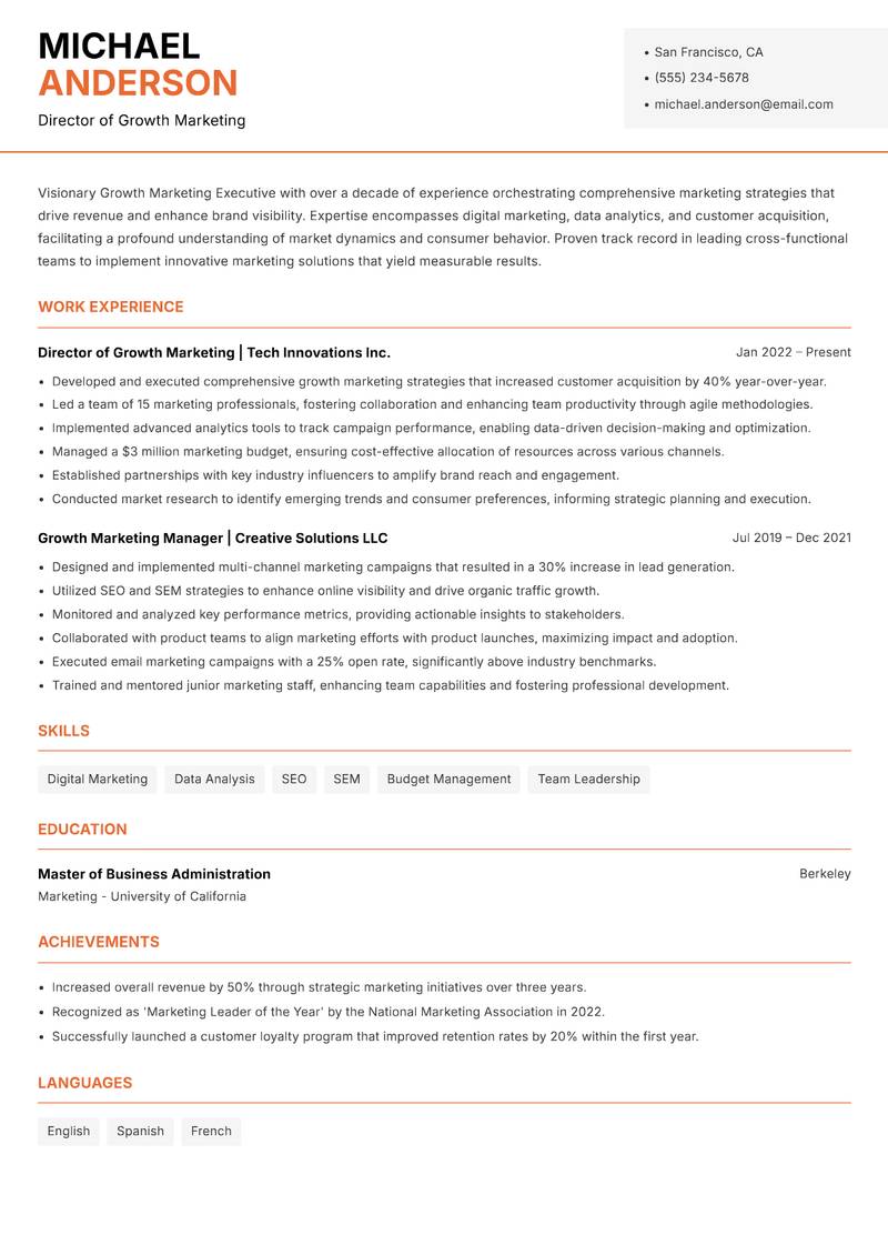 Growth Marketing Executive resume template — Modern Professional