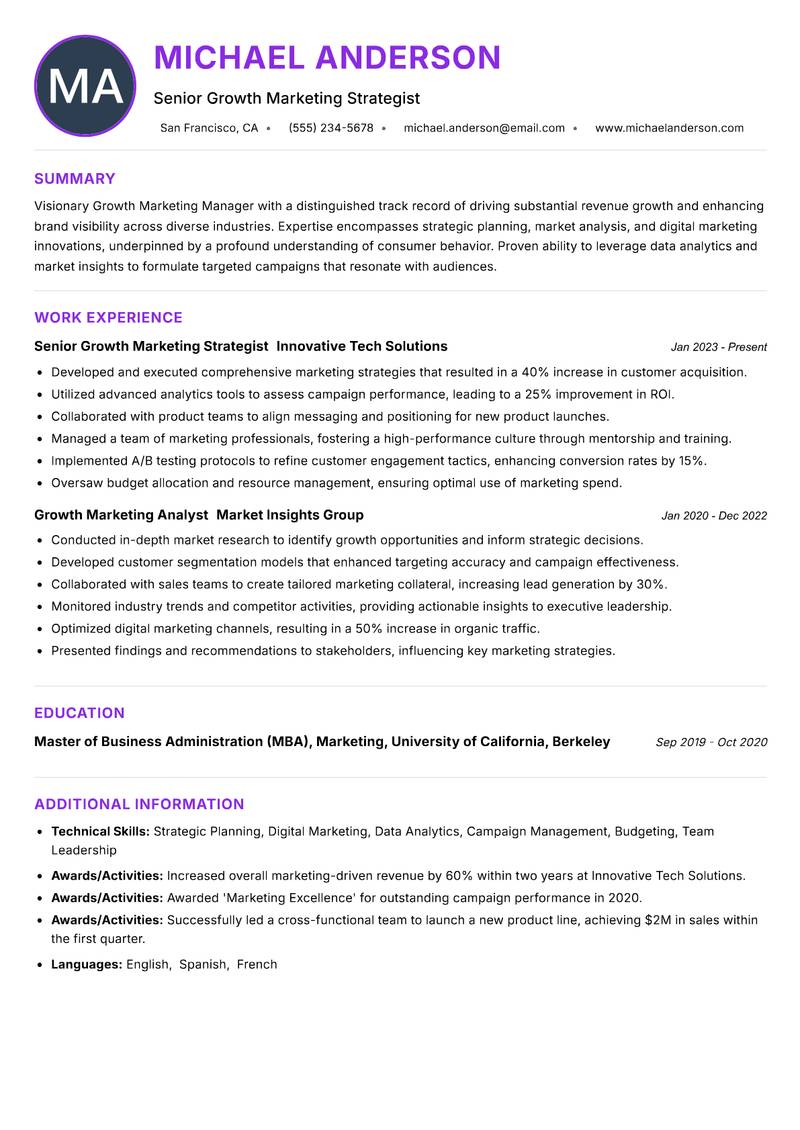 Growth Marketing Manager resume example — ATS-friendly template