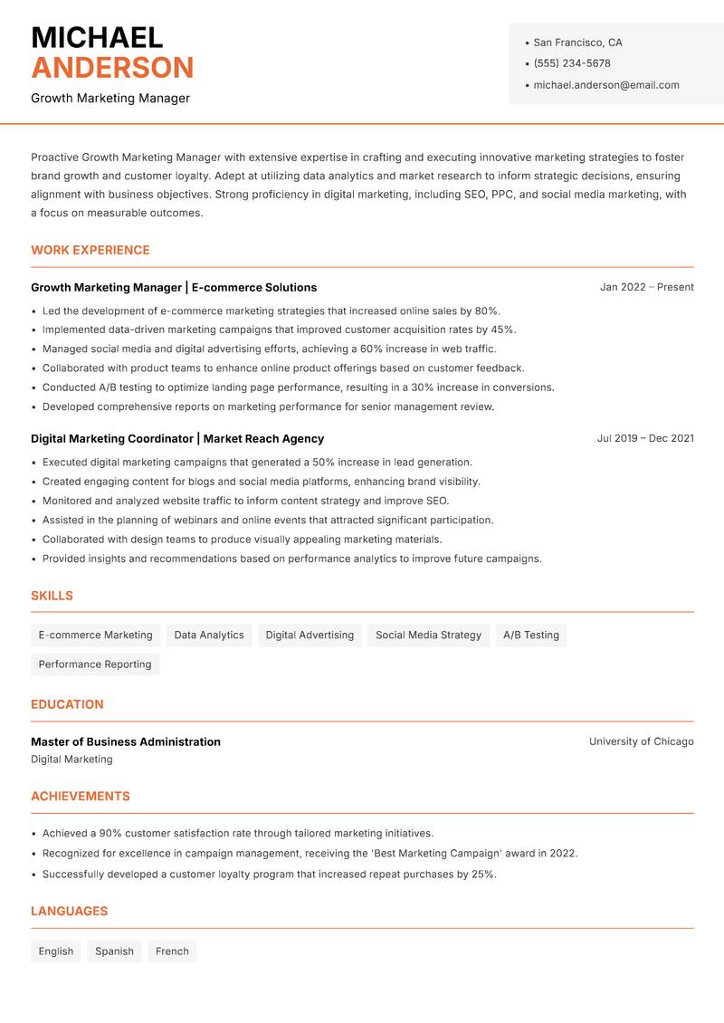 Growth Marketing Manager resume template — Modern Professional