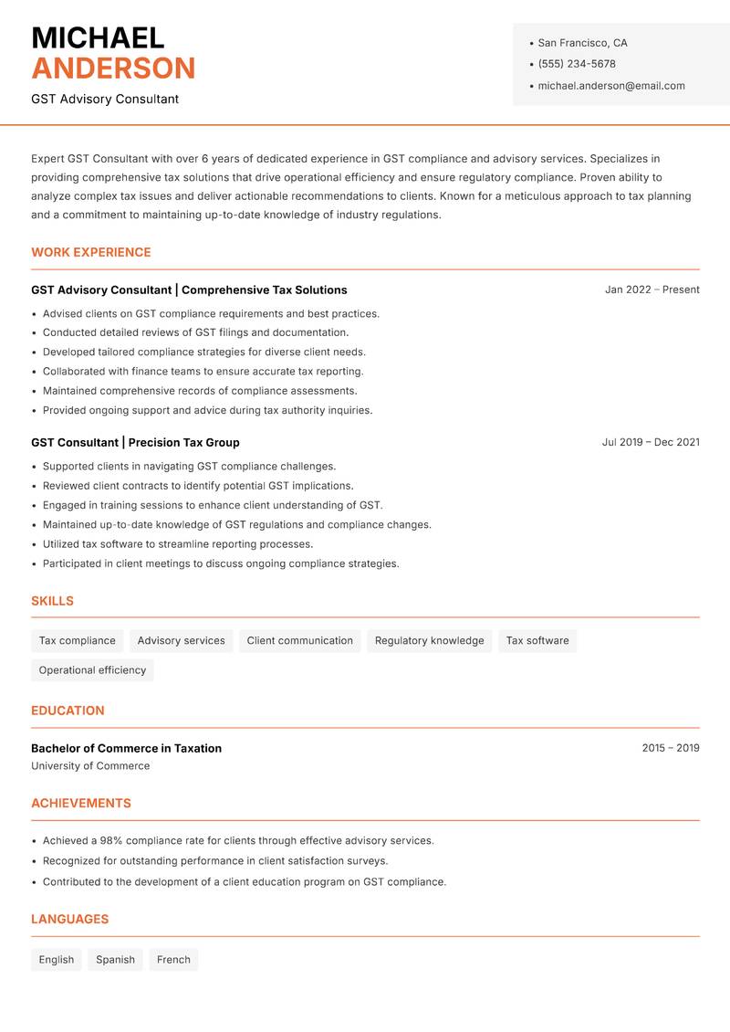 GST Consultant resume template — Modern Professional