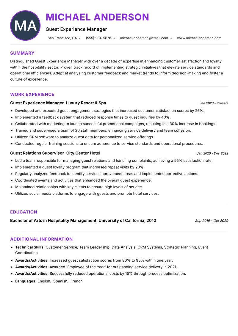 Guest Experience Manager resume example — ATS-friendly template