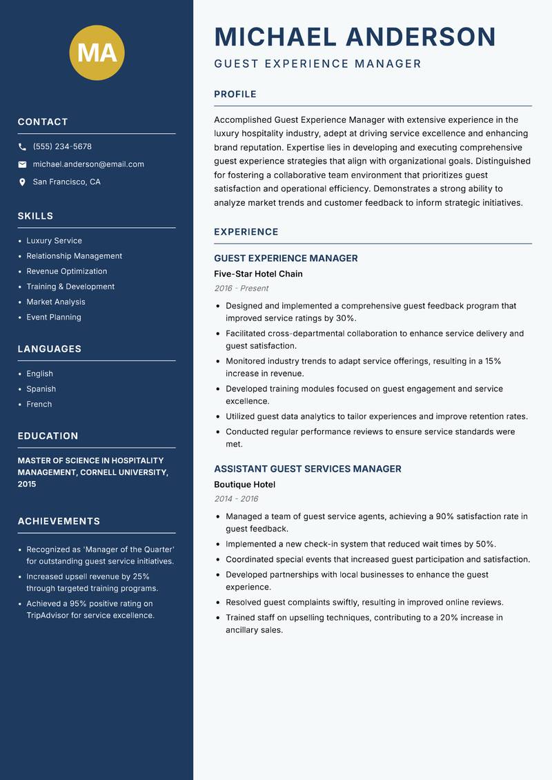 Guest Experience Manager resume template — Classic Clean