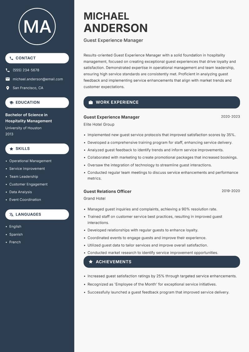 Guest Experience Manager resume template — Compact