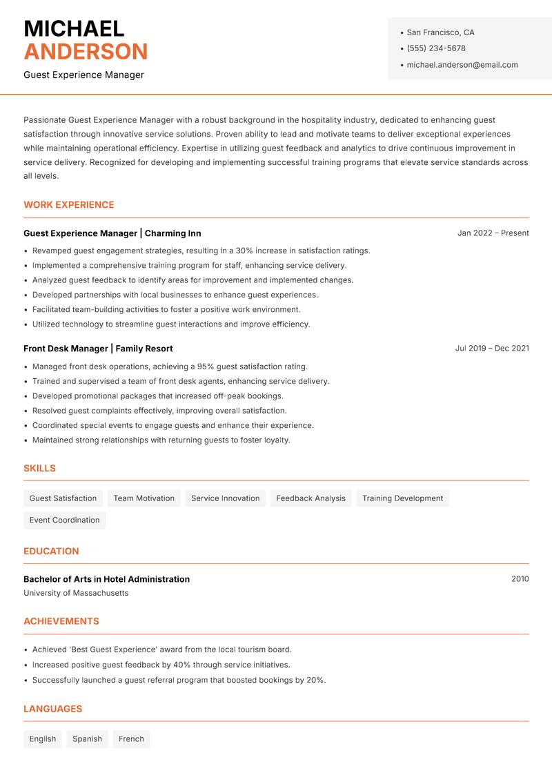 Guest Experience Manager resume template — Modern Professional