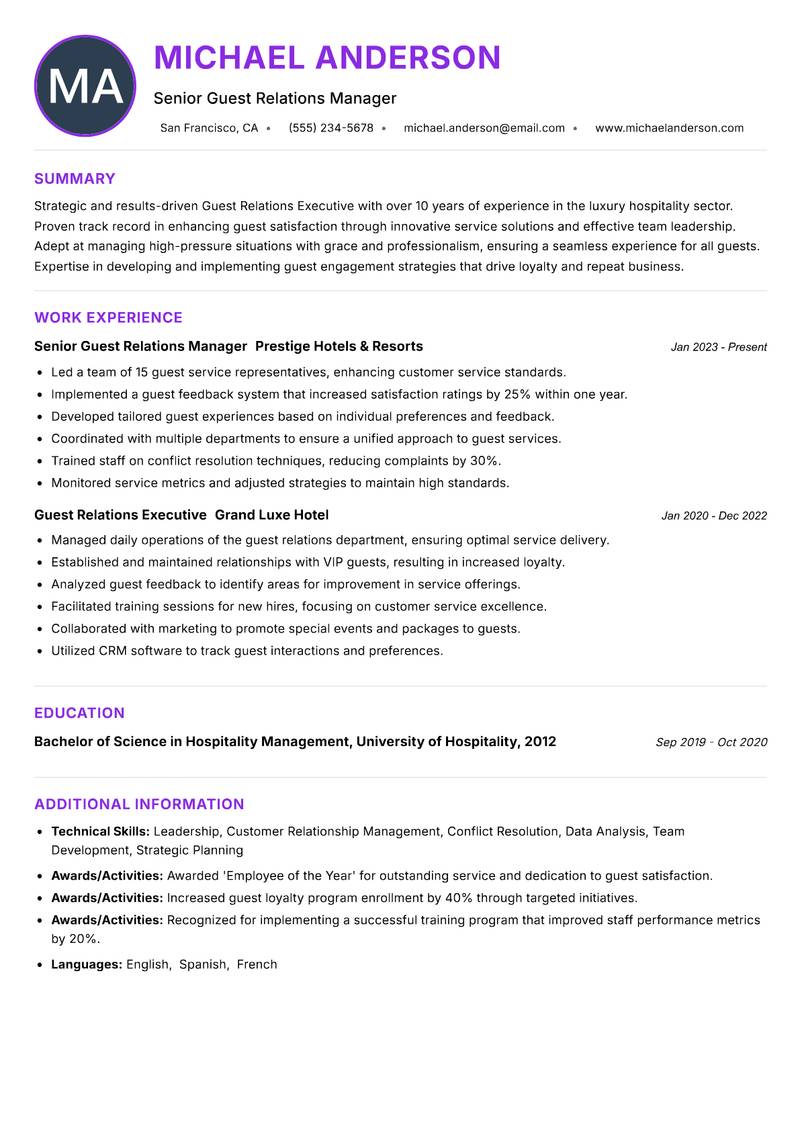 Guest Relations Executive resume example — ATS-friendly template