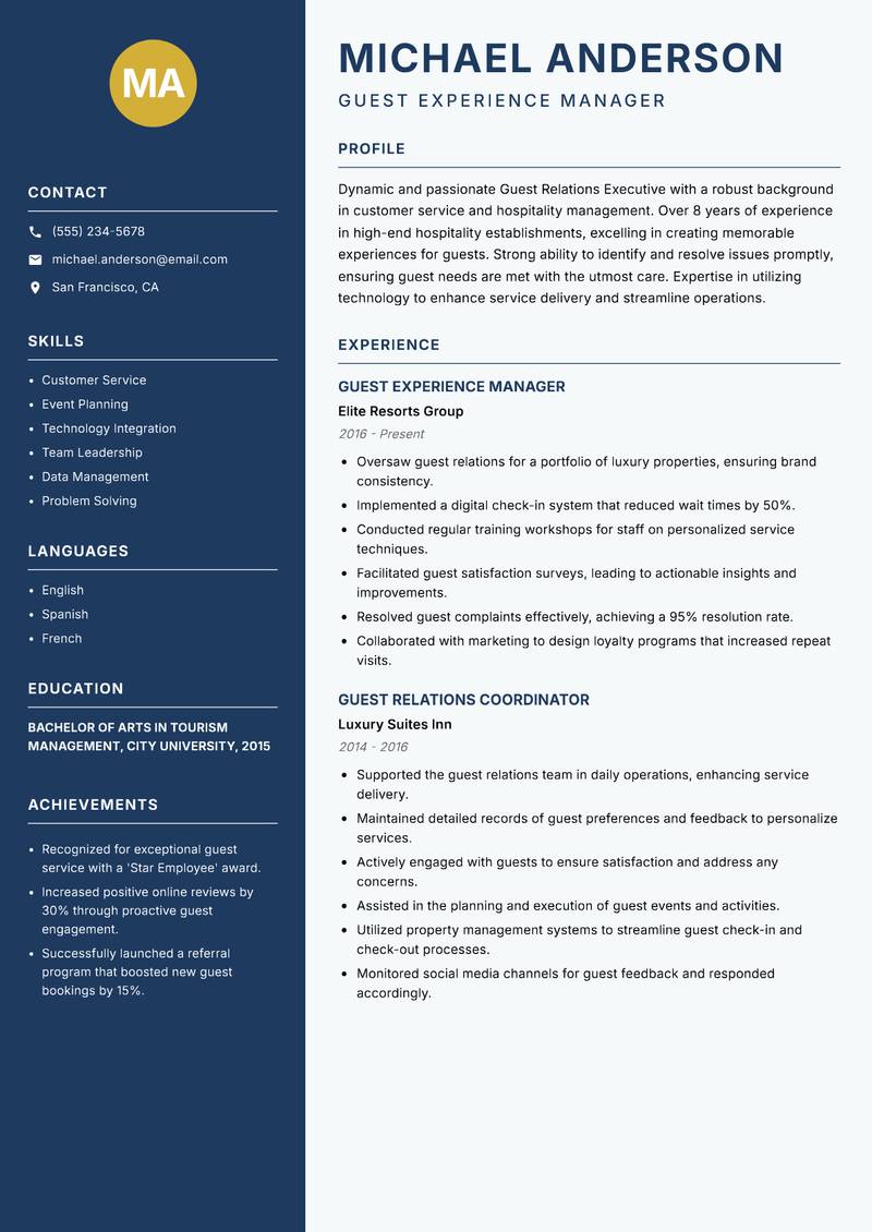 Guest Relations Executive resume template — Classic Clean