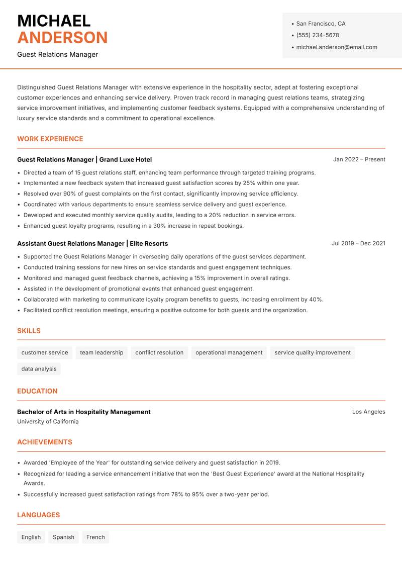 Guest Relations Manager resume template — Modern Professional