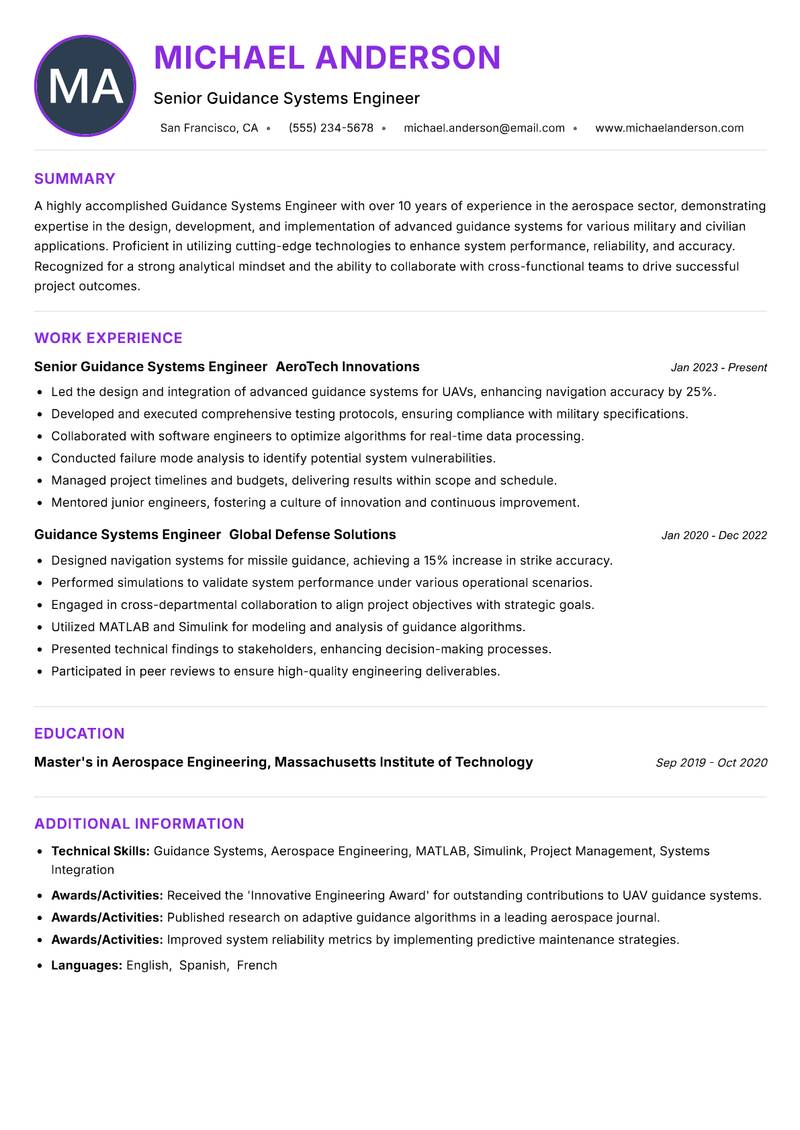 Guidance Systems Engineer resume example — ATS-friendly template