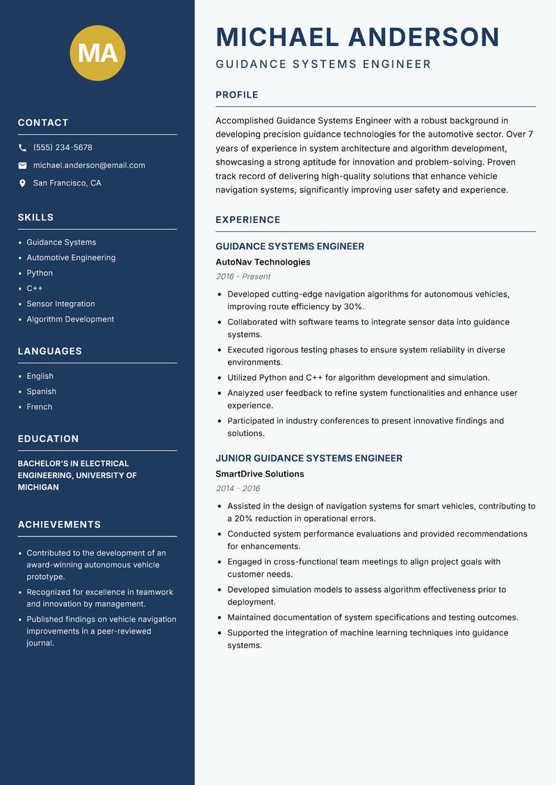 Guidance Systems Engineer resume template — Classic Clean