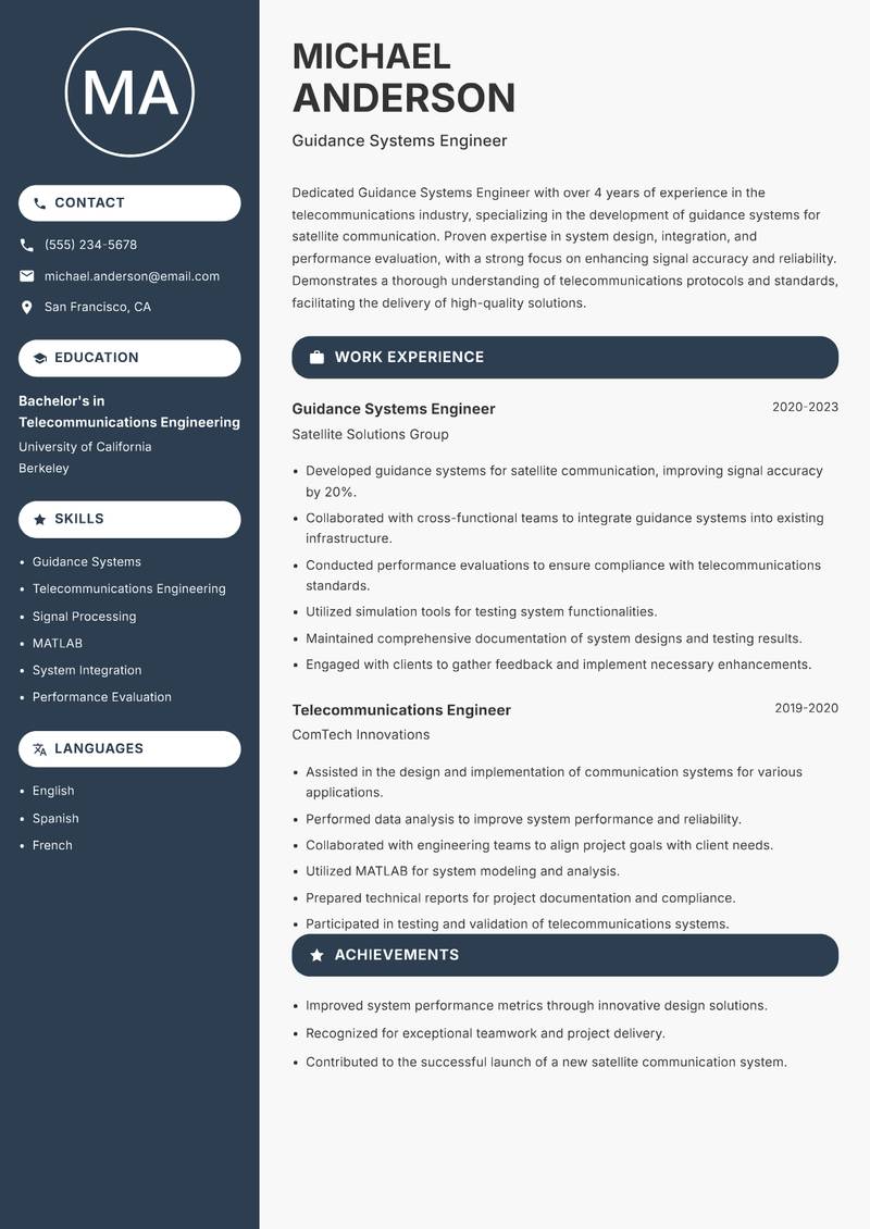 Guidance Systems Engineer resume template — Compact