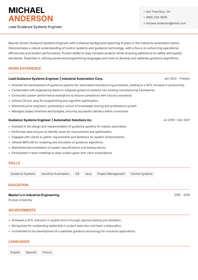 Guidance Systems Engineer resume template — Modern Professional