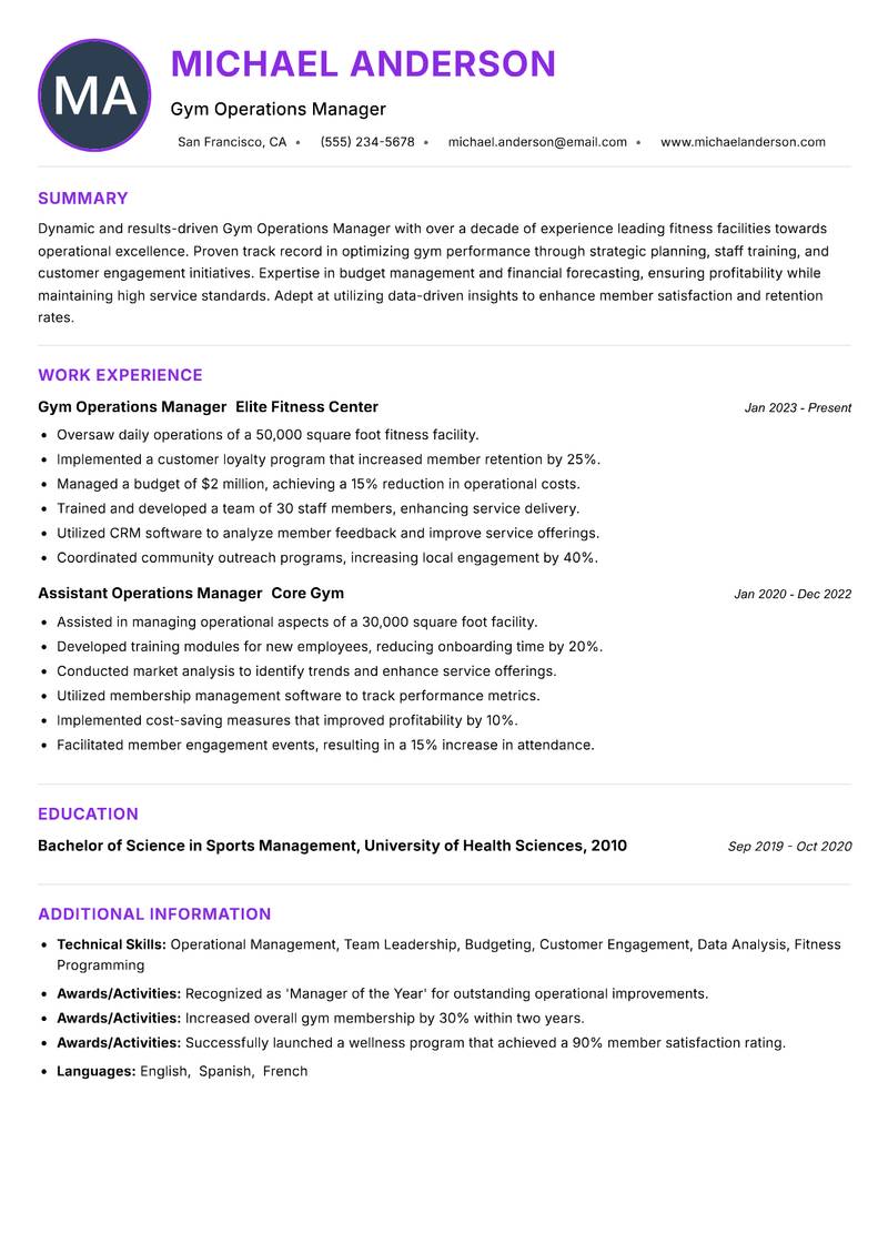 Gym Operations Manager resume example — ATS-friendly template