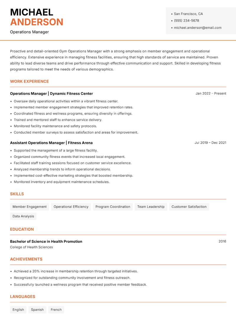 Gym Operations Manager resume template — Modern Professional