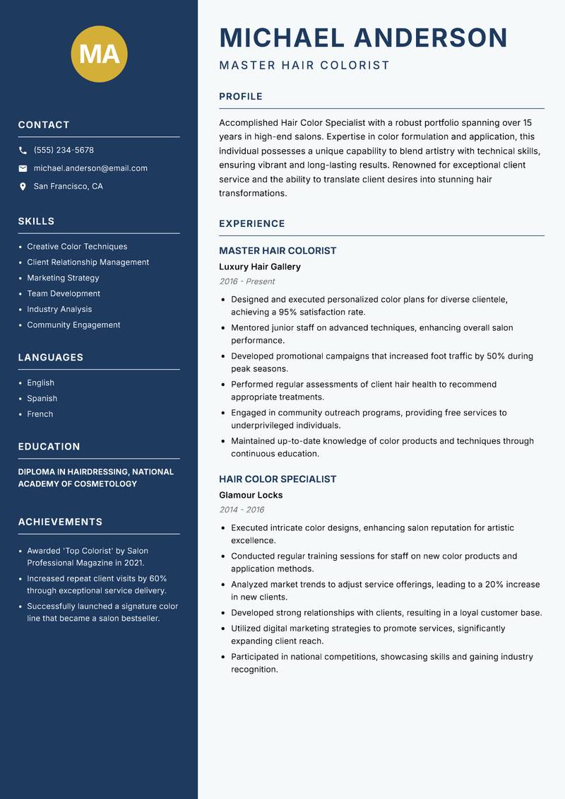 Hair Color Specialist resume template — Classic Clean