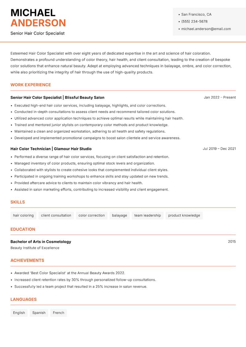 Hair Color Specialist resume template — Modern Professional