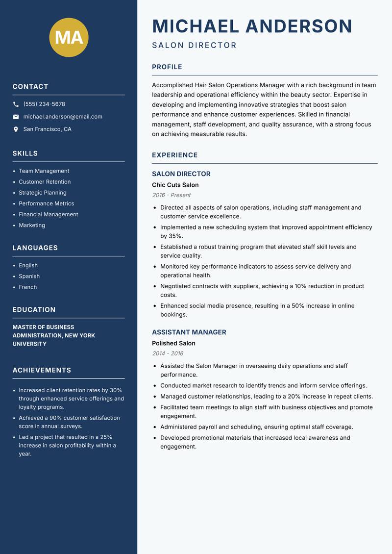 Hair Salon Operations Manager resume template — Classic Clean