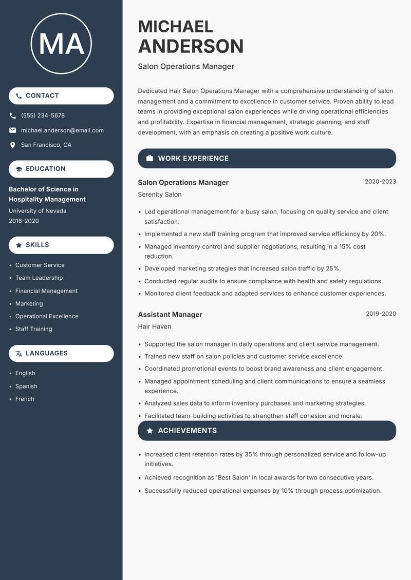 Hair Salon Operations Manager resume template — Compact