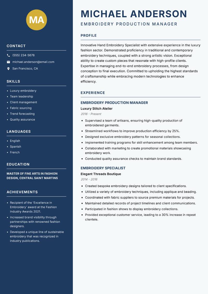 Hand Embroidery Specialist resume template — Classic Clean