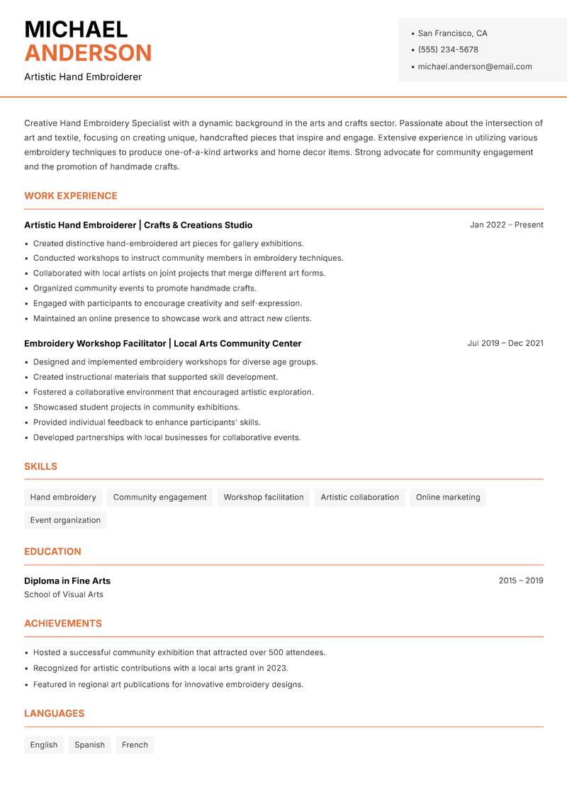 Hand Embroidery Specialist resume template — Modern Professional