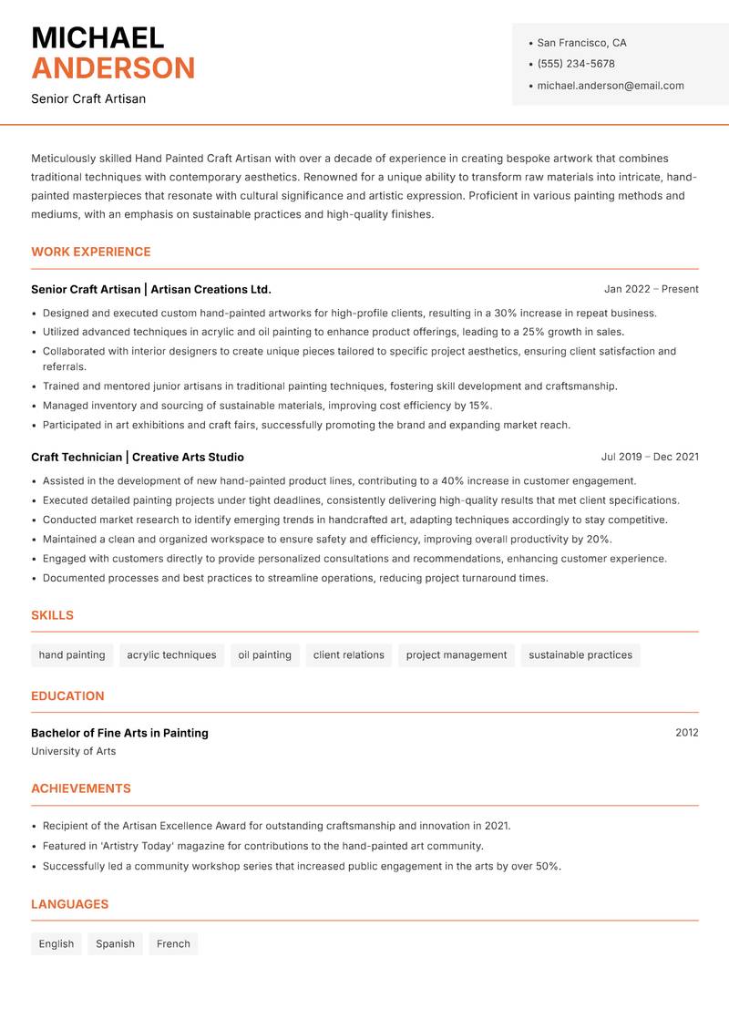 Hand Painted Craft Artisan resume template — Modern Professional