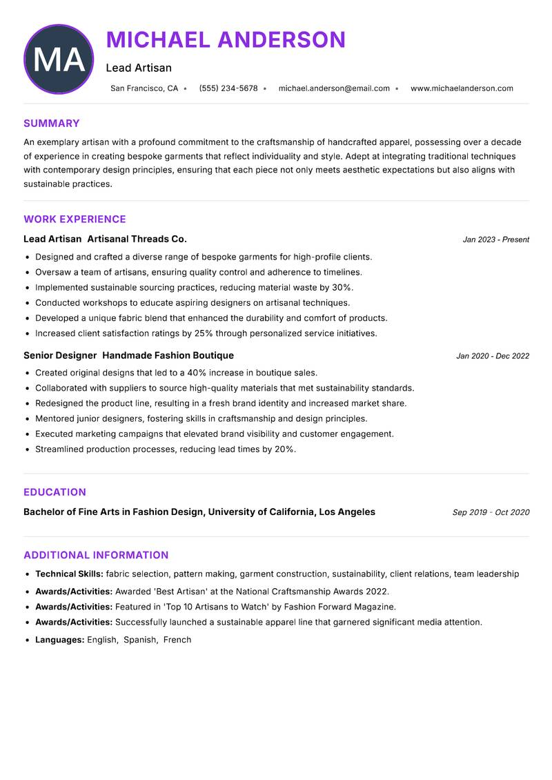 Handcrafted Apparel Maker resume example — ATS-friendly template