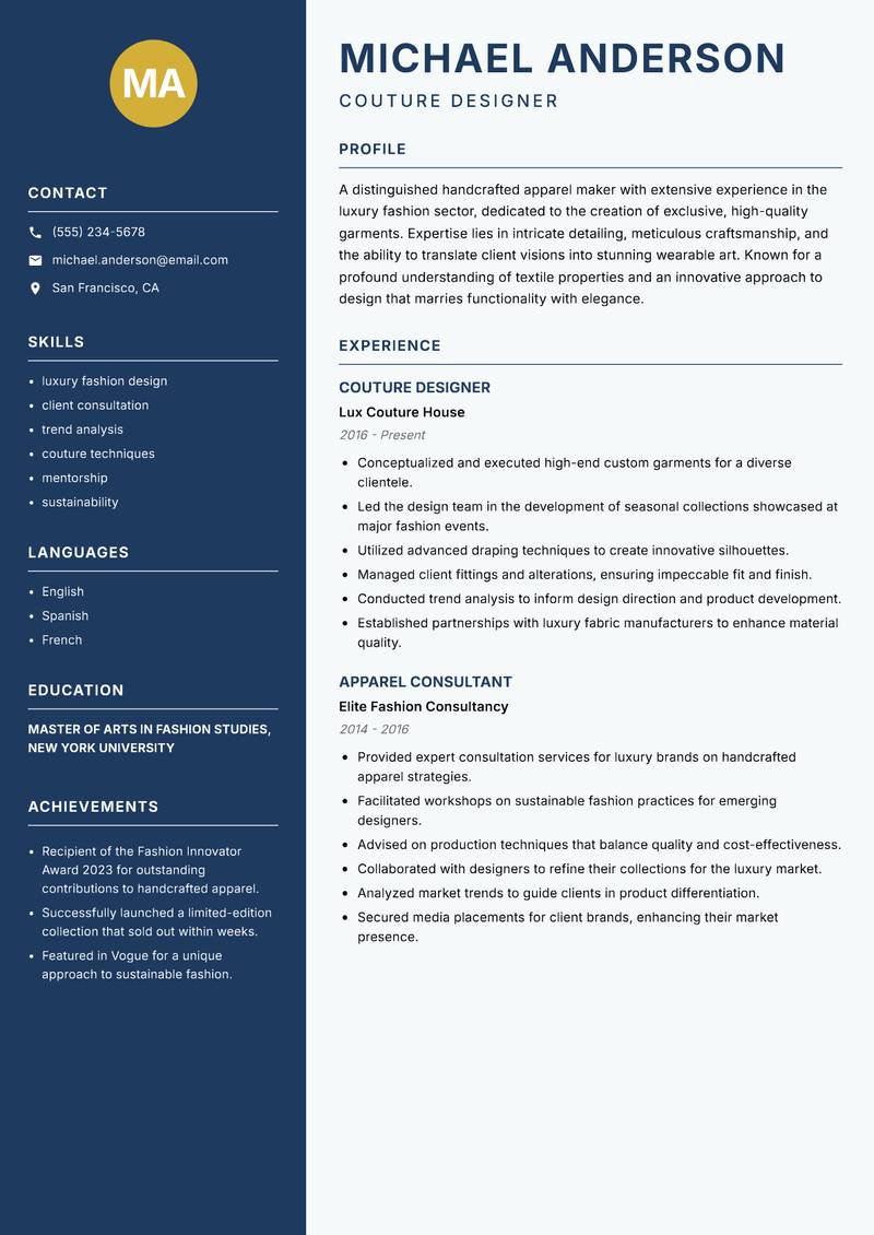 Handcrafted Apparel Maker resume template — Classic Clean