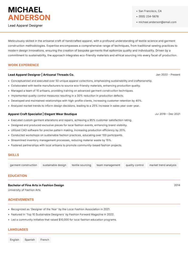 Handcrafted Apparel Maker resume template — Modern Professional